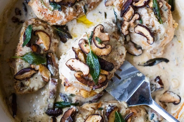 top the chicken with the mushrooms and sage