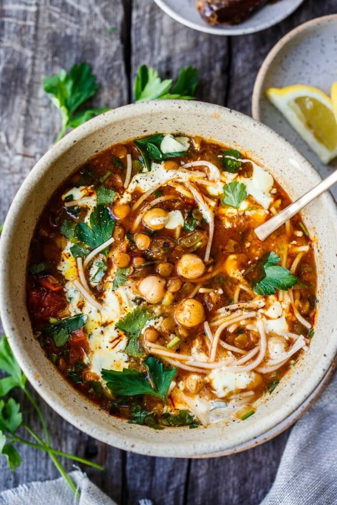 A delicious recipe for Harira-a Moroccan Lentil and Chickpea Soup, full of protein and nutrients infused with warming Moroccan spices. Vegan.