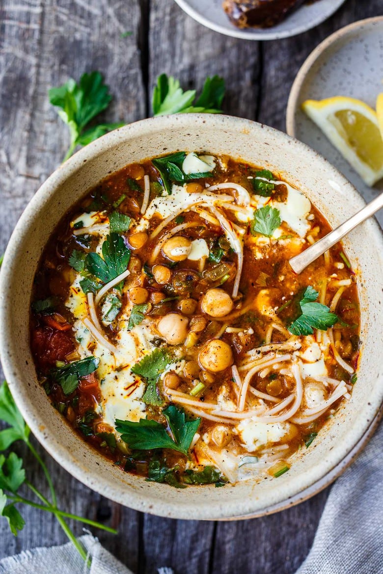 Harira soup in a bowl. Vegetarian recipe. 
