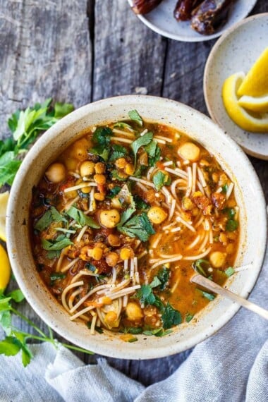 A delicious recipe for Harira-a Moroccan Lentil and Chickpea Soup, full of protein and nutrients infused with warming Moroccan spices. Vegan.