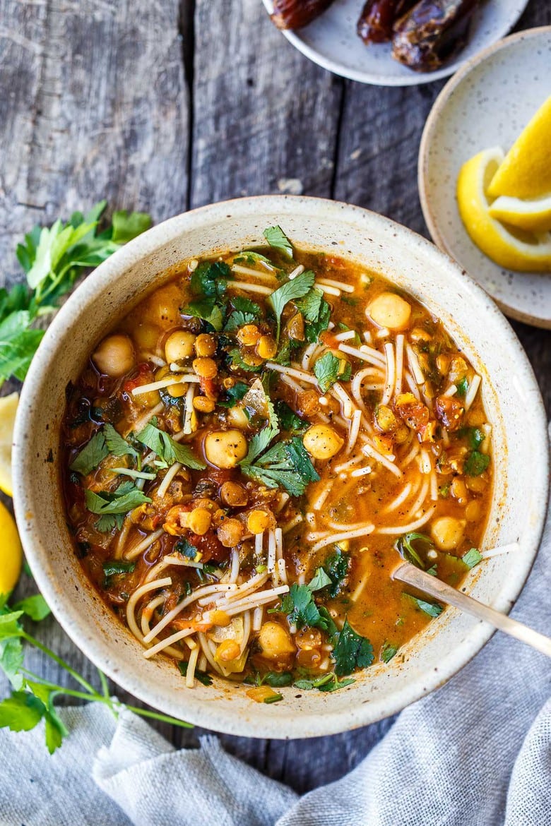 A delicious recipe for Harira-a Moroccan Lentil and Chickpea Soup, full of protein and nutrients infused with warming Moroccan spices. Vegan. 
