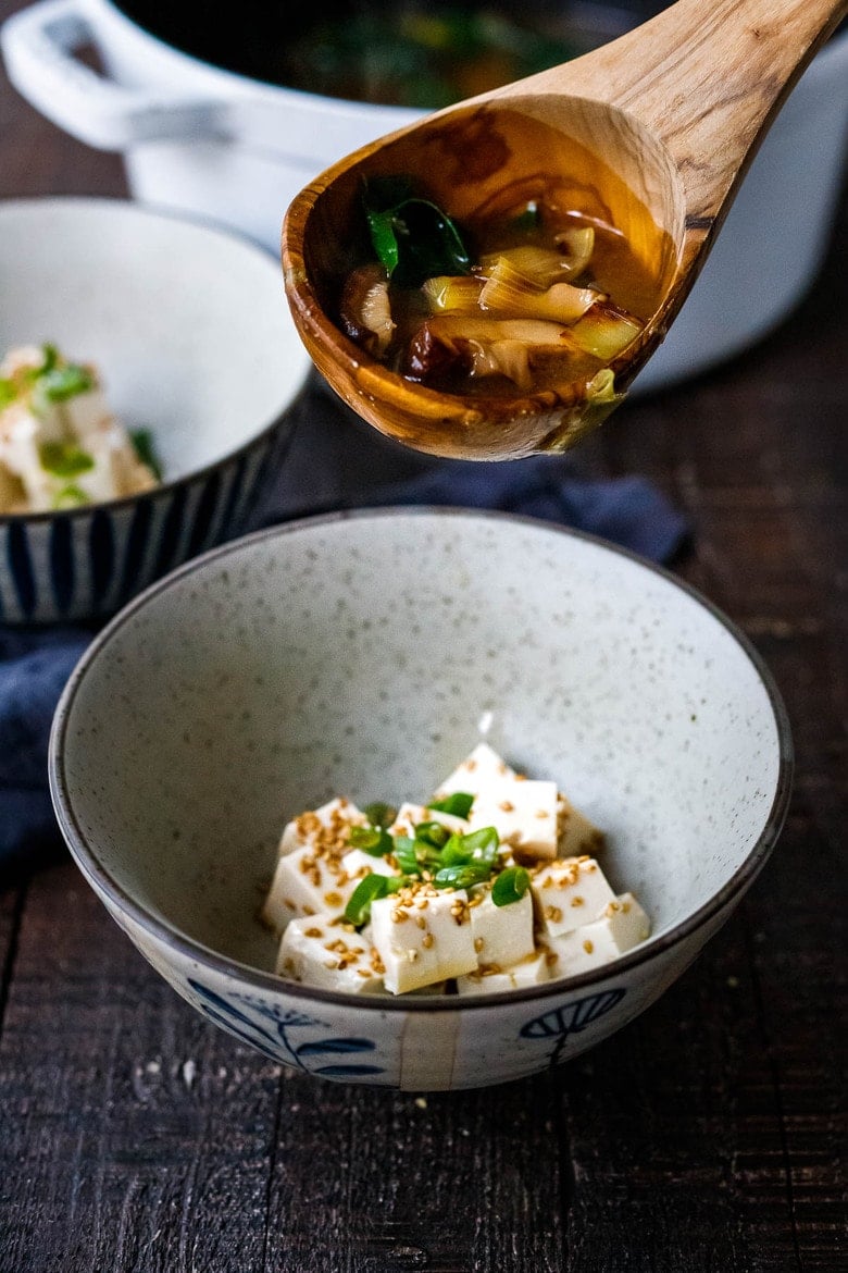 ladle the miso soup over tofu