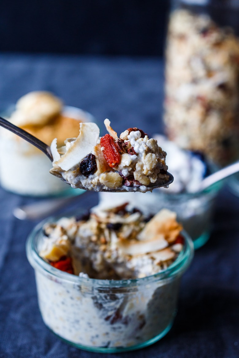 Creamy Overnight Oats, an easy no-cook technique for a healthy grab-and-go breakfast or snack that is full of fiber and completely adaptable.  Top with fruit, nuts, seeds, peanut butter and yogurt.