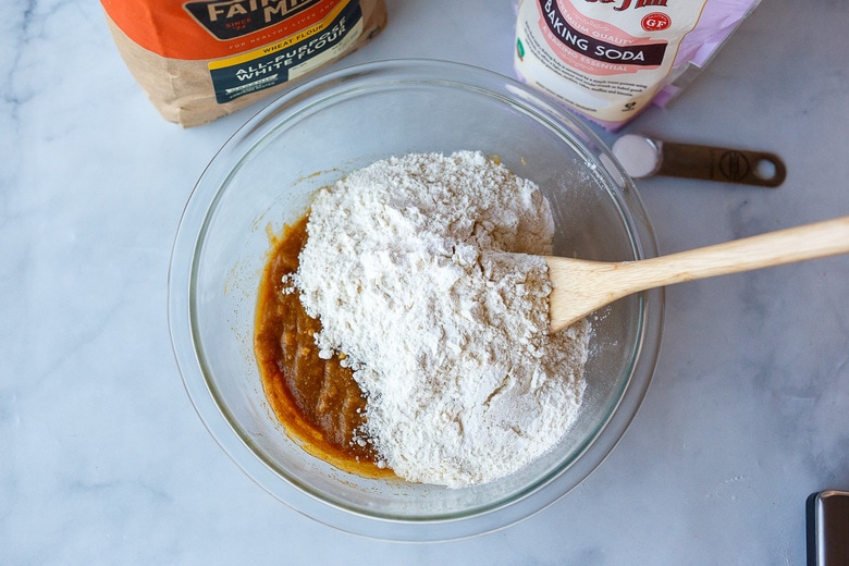 adding flour, baking soda and salt