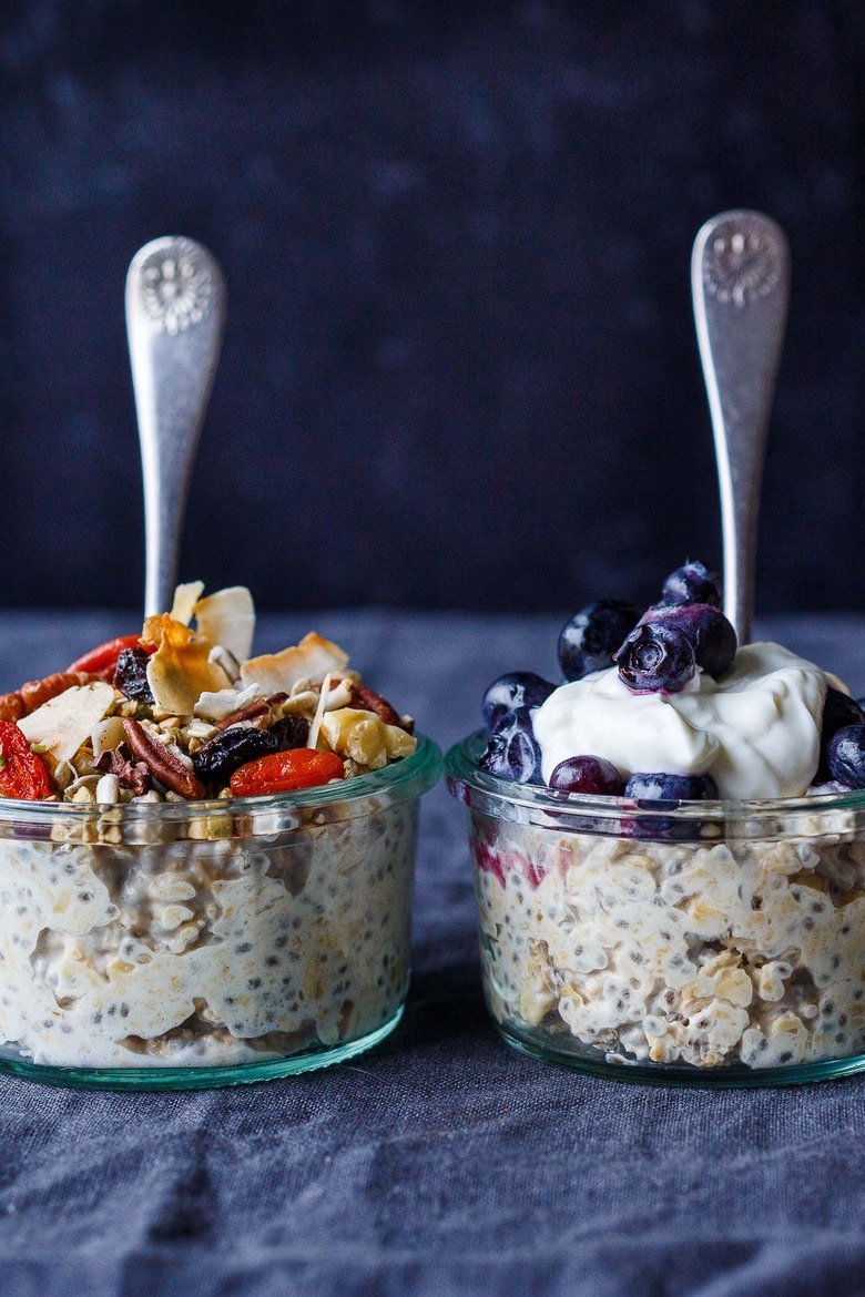 Creamy Overnight Oats, an easy no-cook technique for a healthy grab-and-go breakfast or snack that is full of fiber and completely adaptable.  Top with fruit, nuts, seeds, peanut butter and yogurt.