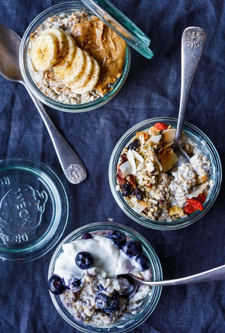 How to make Overnight Oats with your choice of coconut milk or yogurt chia seeds, almond milk and a variety of toppings.