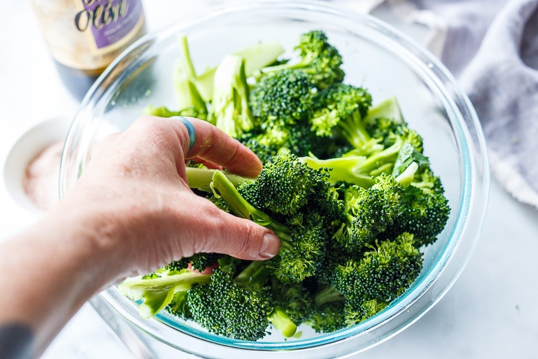 rub broccoli with olive oil and salt or garlic salt if desired.