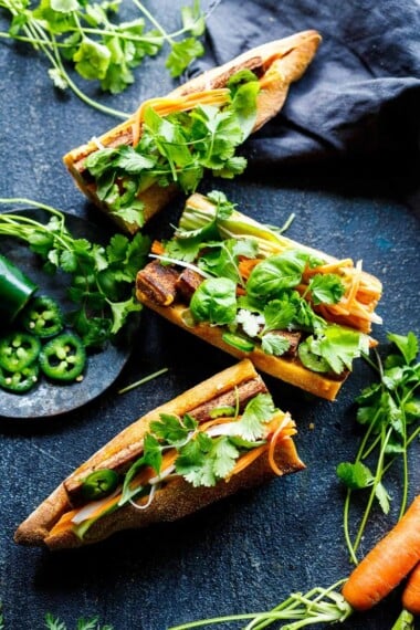 How to make the most delicious, atuthentic Vietnamese Banh Mi Sandwich - fresh, light, complex and flavorful with lots of umami goodness, made with your choice of tofu, mushrooms, chicken or pork and simple pantry ingredients. Vegan-adaptable.