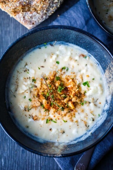 Cauliflower Cheddar soup recipe in a bowl.