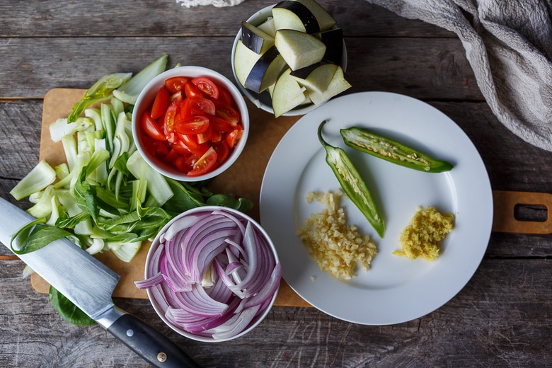 Chopped ingredients for sinigang sour soup.