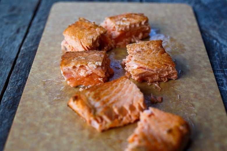Salmon cut into chunks.