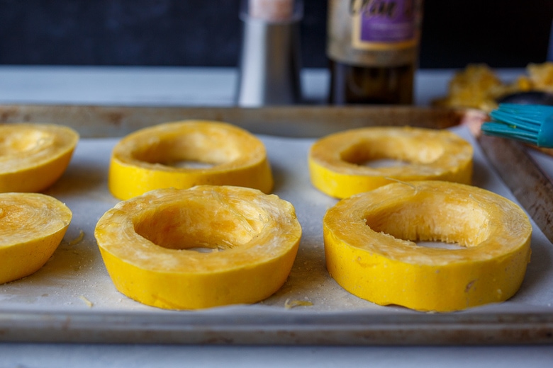 squash rounds on a sheet pan