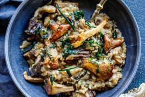 Simple authentic Mushroom Risotto with rosemary, garlic and frizzled leeks- a satisfying, elegant vegetarian dinner, perfect for special occasions, date night or entertaining. 