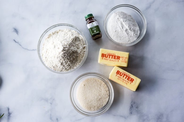 ingredients in perfect shortbread cookies - flour, sugar, vanilla, butter.