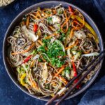 This easy Soba Noodles Recipe is healthy and simple. Loaded with tender vegetables, clean addicting flavor and succulent texture. Keep it vegan or add your favorite protein.