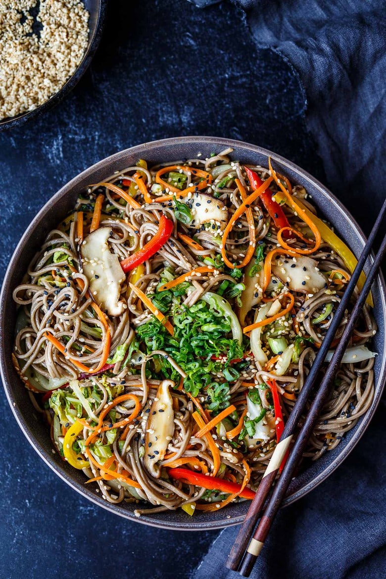 Easy Soba Noodles -loaded with vegetables, clean flavors, and succulent texture.  Keep it vegan or add your favorite protein.