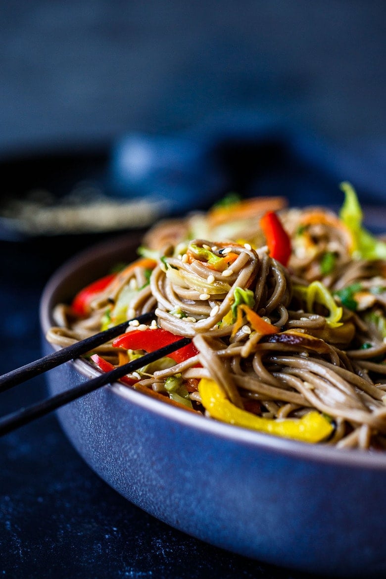 Easy Soba Noodles -loaded with vegetables, clean flavors, and succulent texture.  Keep it vegan or add your favorite protein.