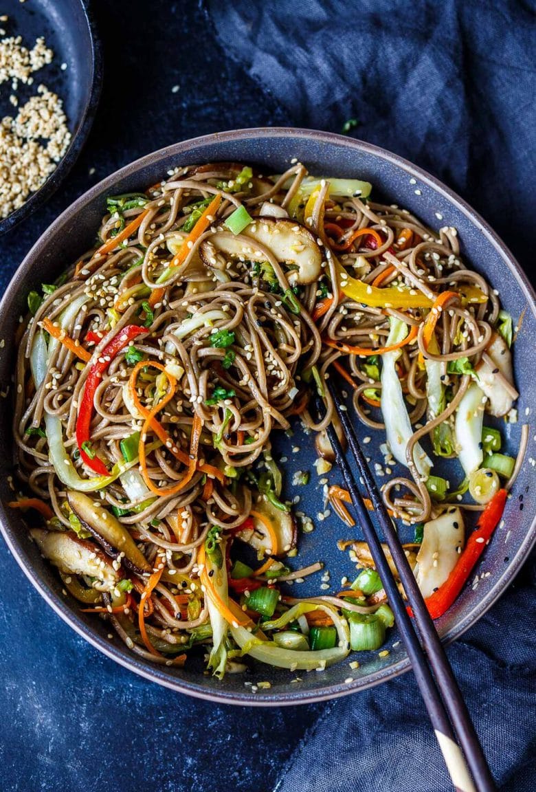 Easy Soba Noodles -loaded with vegetables, clean flavors, and succulent texture. Keep it vegan or add your favorite protein.