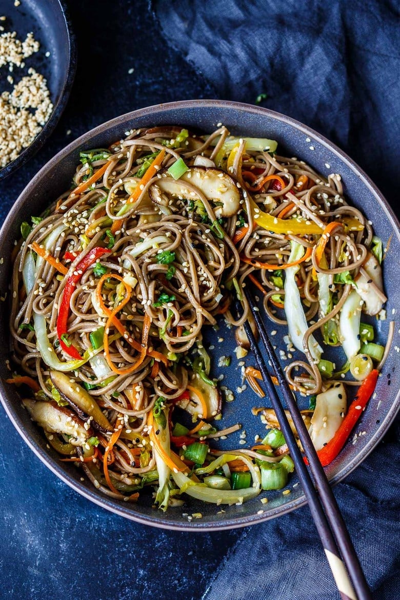 This easy Soba Noodles Recipe is healthy and simple. Loaded with tender vegetables, clean addicting flavor and succulent texture.  Keep it vegan or add your favorite protein.