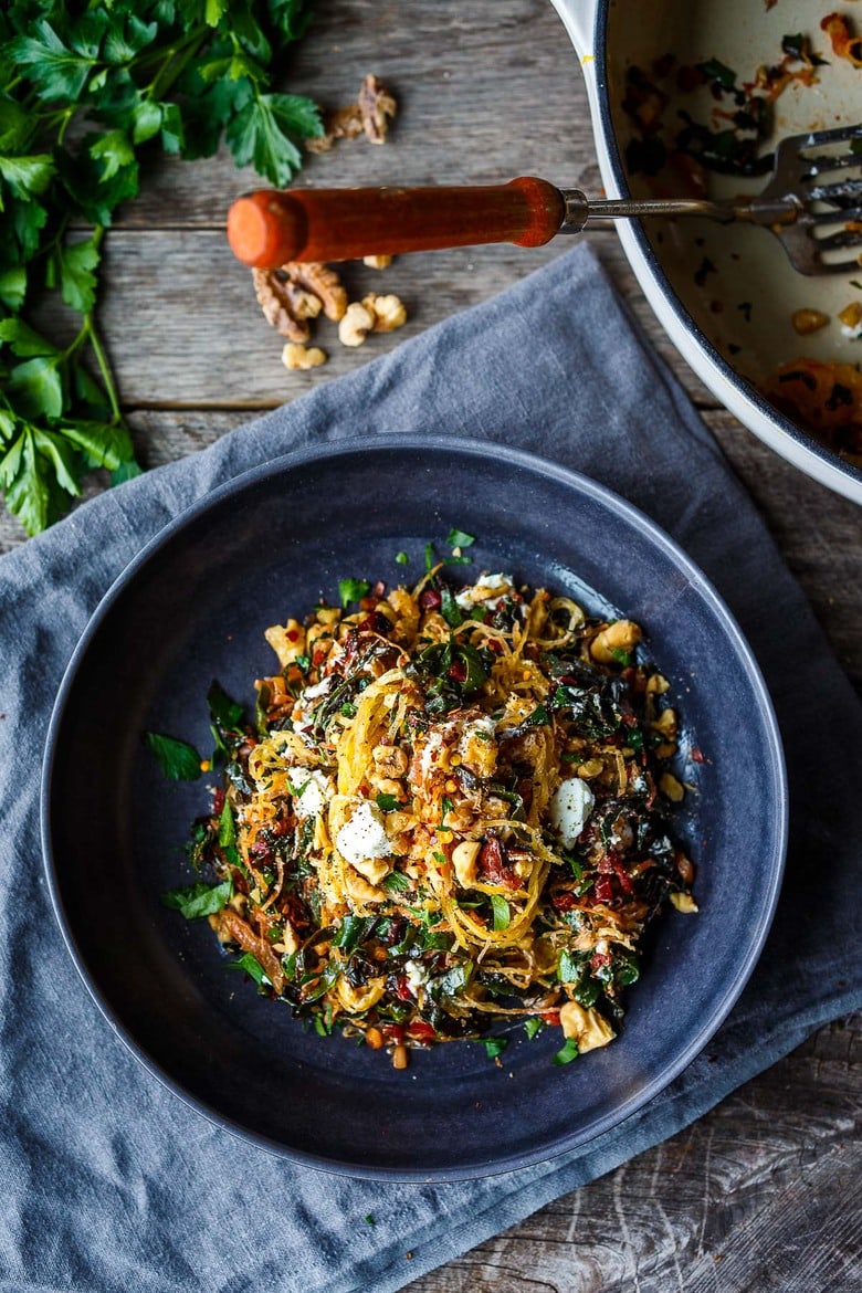 A simple tasty recipe for Roasted Spaghetti Squash with Chard, Toasted Walnuts and Chèvre.  A healthy low-carb meal perfect for serving with your favorite protein. 