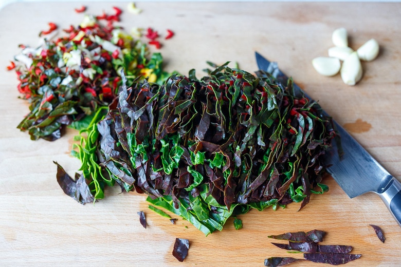 ribbon cut chard, chopped stems and garlic