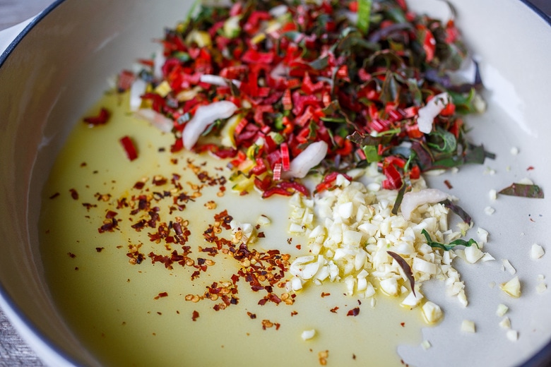 sautéing in olive oil, chard, garlic and red pepper flakes