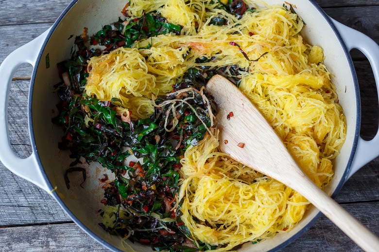 spaghetti squash sautéing in