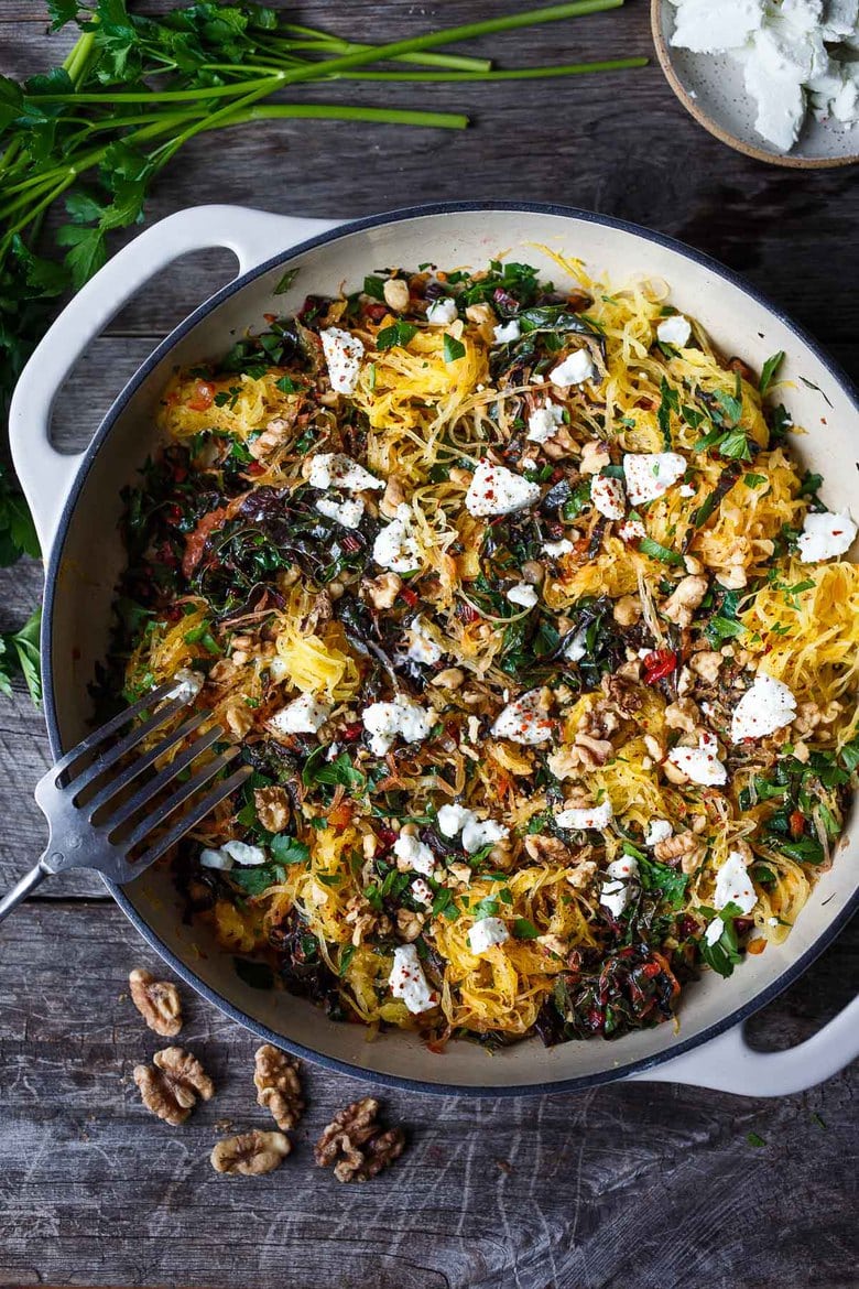 Here is a tasty simple recipe for Roasted Spaghetti Squash with Chard, Toasted Walnuts and Chèvre.  A healthy low-carb meal perfect for serving with your favorite protein. 