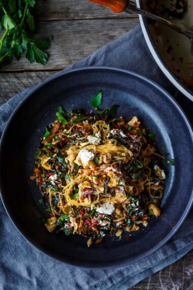 A simple tasty recipe for Roasted Spaghetti Squash with Chard, Toasted Walnuts and Chèvre.  A healthy low-carb meal perfect for serving with your favorite protein. 