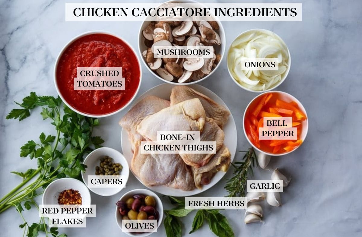 Ingredients in chicken cacciatore.