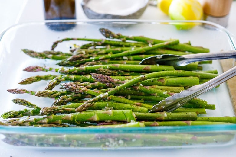 coat the asparagus well in a baking dish