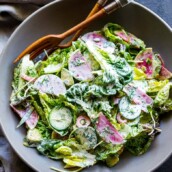 Little Gem Salad with avocado, radishes, cucumber, pickled onions, pepitas, sunflower sprouts, in a Homemade Dilly Ranch Dressing.