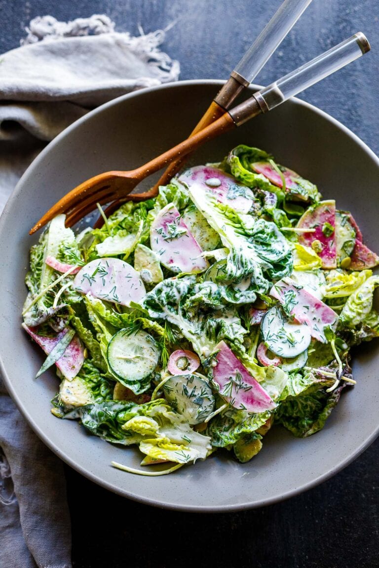 Little Gem Salad with avocado, radishes, cucumber, pickled onions, pepitas, sunflower sprouts, in a Homemade Dilly Ranch Dressing.