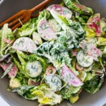 Little Gem Salad with avocado, radishes, cucumber, pickled onions, pepitas, sunflower sprouts, in a Homemade Dilly Ranch Dressing.