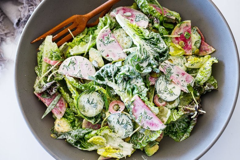 Baby Gem Lettuce with Charred Eggplant Yogurt, Smacked Cucumber, and Shatta