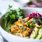 Miso Tofu with Rice and Veggies- ina flavoful miso marinade. A simple vegan meal that can be baked in the oven on a sheet pan.