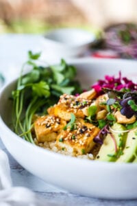 Miso Tofu with Rice and Veggies- ina flavoful miso marinade. A simple vegan meal that can be baked in the oven on a sheet pan.
