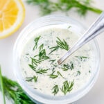 How to make the creamiest Ranch Dressing from scratch loaded up with fresh dill- this easy recipe is creamy, tangy, peppery, and full of flavor! 
