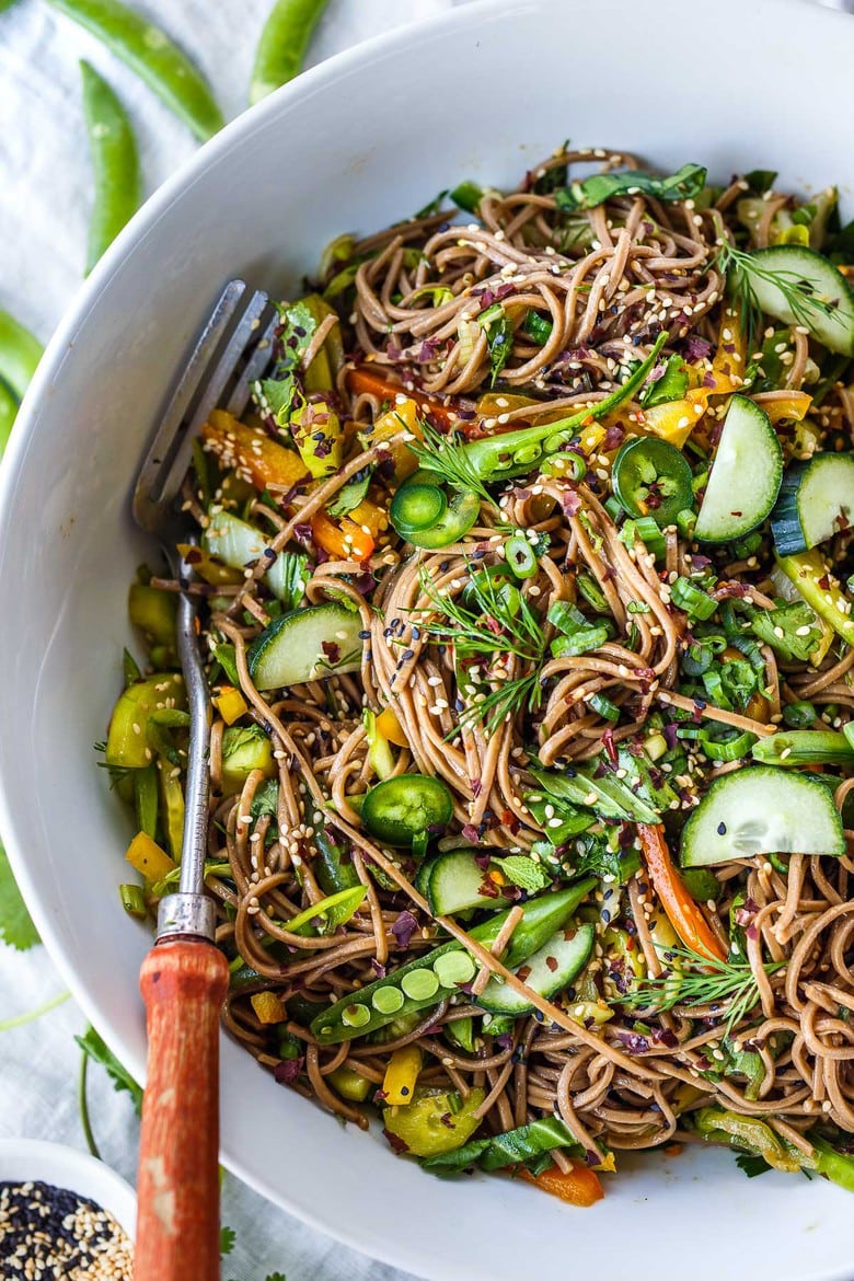 Here is a simple recipe for Soba Noodle Salad, loaded with veggies, that is adaptable and vegan!  For a protein boost, top with savory baked tofu, smoked salmon, grilled chicken.  Quick, easy and full of earthy crunchy goodness.