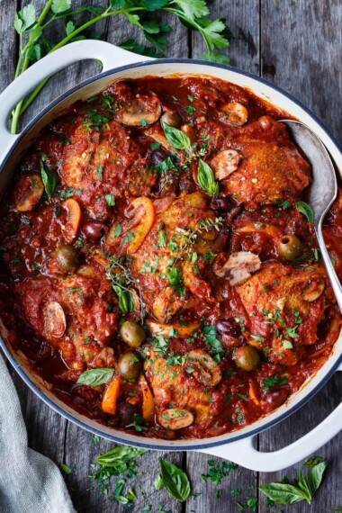 Hearty and satisfying, Chicken Cacciatore is a rustic Italian classic. Serve on its own with crusty sourdough, creamy polenta, rice or pasta.  An easy comforting meal the whole family with enjoy! Gluten-Free.