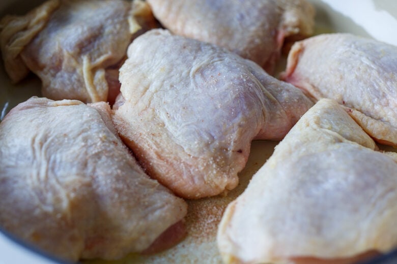 Salted chicken thighs for chicken cacciatore.