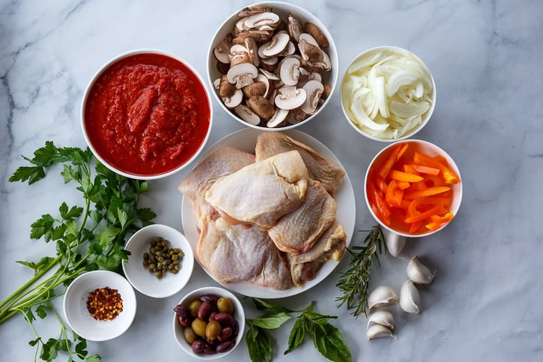 Ingredients in chicken cacciatore.