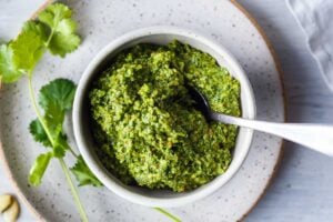 Fresh and lively, Cilantro Pesto is full of zippy flavor and totally adaptable!   Toss with pasta, spread on bread, or serve with soups, grilled salmon, beans and eggs.  Healthy and easy to make!