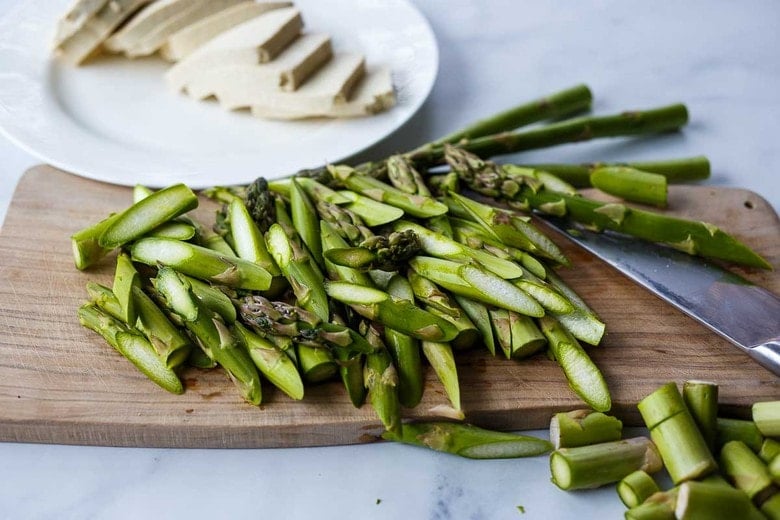 prepping the tofu and asparagus