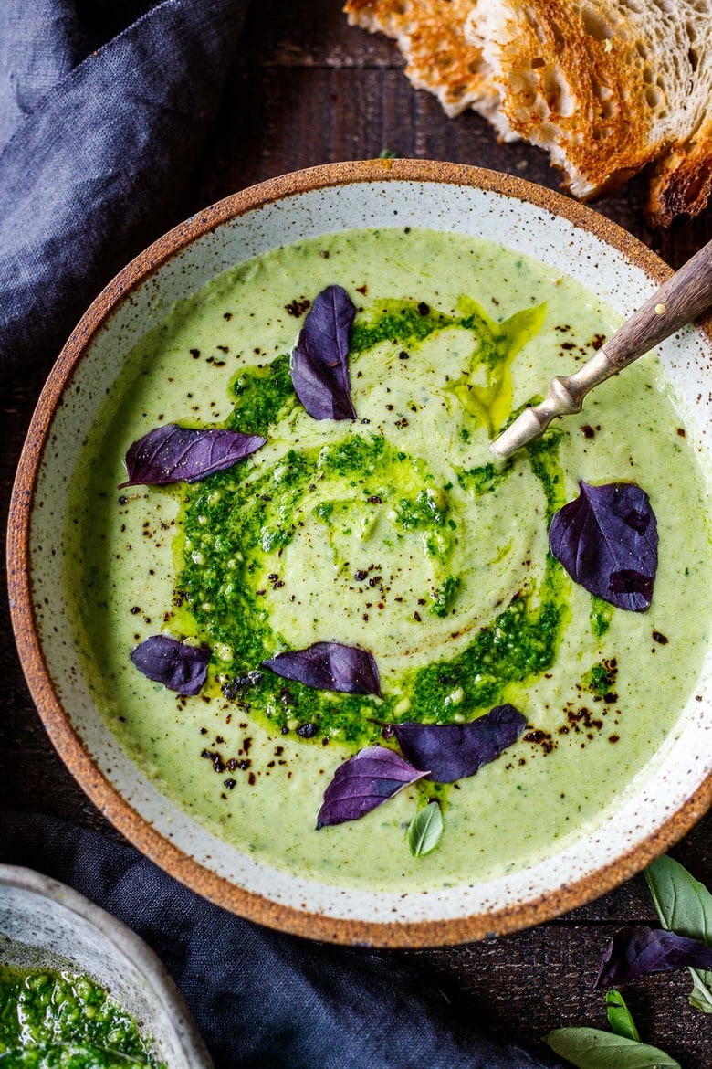 This Creamy Broccoli Soup with Pesto is deeply nourishing, full of flavor, and made with simple ingredients in under 35 minutes. Gluten-free & Vegan-adaptable!