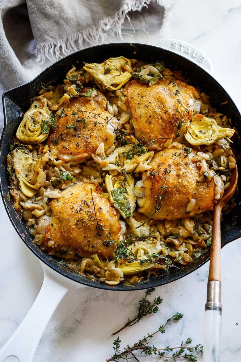 Creamy One Skillet Smothered Chicken Thighs - Dizzy Busy and Hungry!