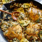 One Skillet Creamy Orzo Chicken with Artichoke Hearts- a deliciously cozy dinner, made with simple pantry ingredients, perfect for busy weeknights.