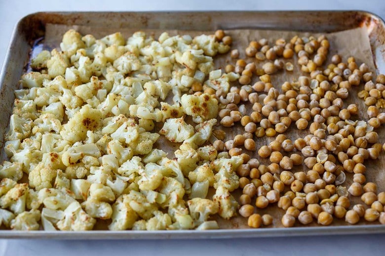 roasting cauliflower and chickpeas