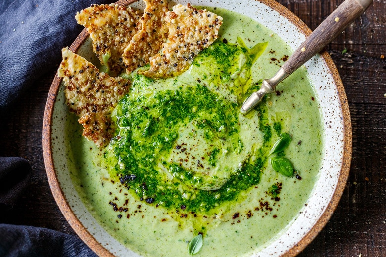 Creamy pesto broccoli soup bowl low carb