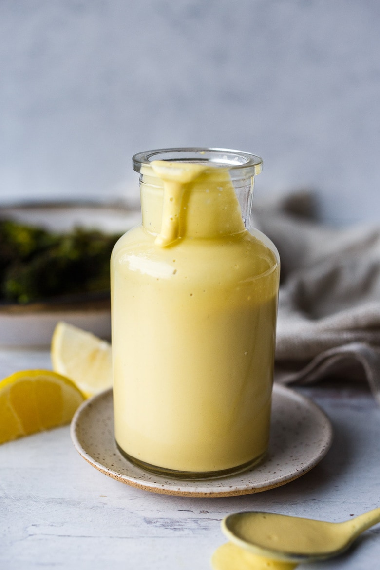 jar of vegan hollandaise sauce.